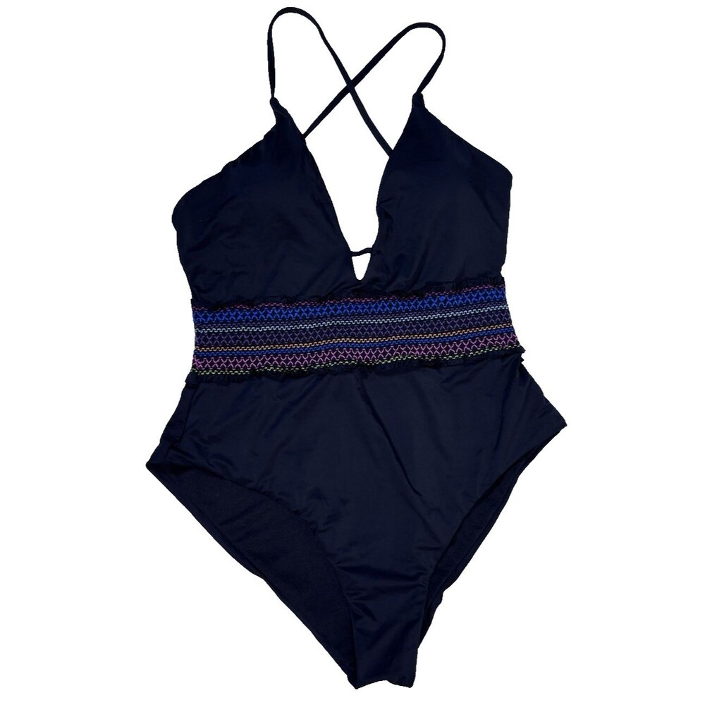 NWT! Bar III Size L Womens Black Smocking Solids One Piece Bathing Suit